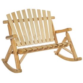 Outsunny Outdoor Adirondack Rocking Chair with Log Slatted Design, 2-Seat Patio Wooden Rocker Loveseat with High Back for Lawn, Burlywood
