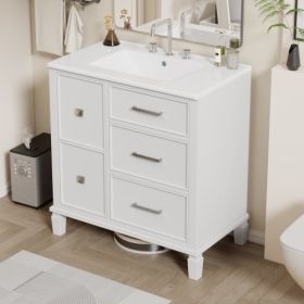 30 Inch Bathroom Vanity With Ceramic Sink, Flip-Out Drawer Design For Plumbing, White Painted MDF Cabinet With Solid Wood Legs (Color: White)