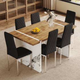Table And Chair Set.Natural Wood Grain MDF Dining Table  55x31.5 Inch.Paired With 6 Modern Style Dining Chairs In Light Gray, Essential For Minim (Option: BlackSilver)