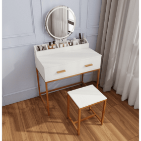 Vanity Set With Mirror And Stool - Makeup Vanity Table With Storage Drawers And Organizer, White And Gold, Space-Saving Design For Small Bedrooms (Option: Ancient White)