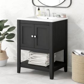 24 White Modern Sleek Bathroom Vanity Elegant Ceramic Sink With Solid Wood Frame Open Style Shelf (Color: Black)