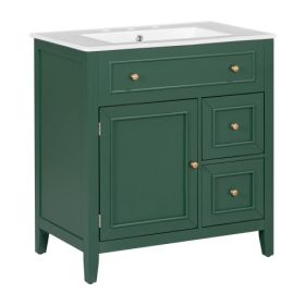 30 Bathroom Vanity With Sink Top, Bathroom Vanity Cabinet With Door And Two Drawers, Solid Wood Frame, One Package, Green (Color: Green)